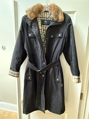 Burberry Black Trench Coat with Tan Fur Collar and Check Lining